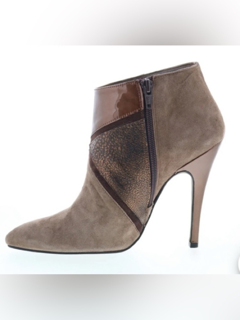 Via Studio Camoscio Taupe Suede/Leather/Patent Pattern High Heel Booties: 7.5